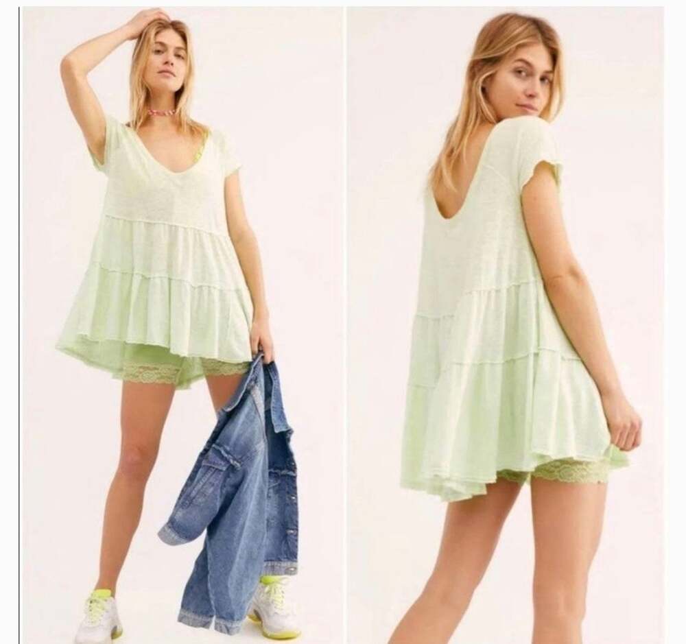 We The Free Free People Babydoll Shirt Tiered Mini Dress Small yellow green